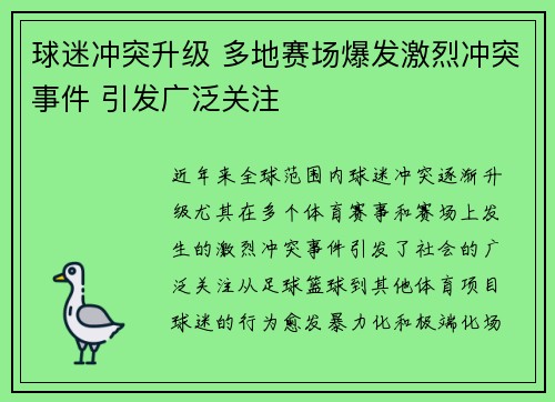 球迷冲突升级 多地赛场爆发激烈冲突事件 引发广泛关注